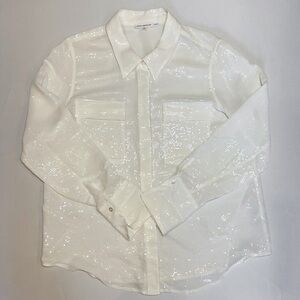 Good American Sheer Sequin Button Up Shirt in White